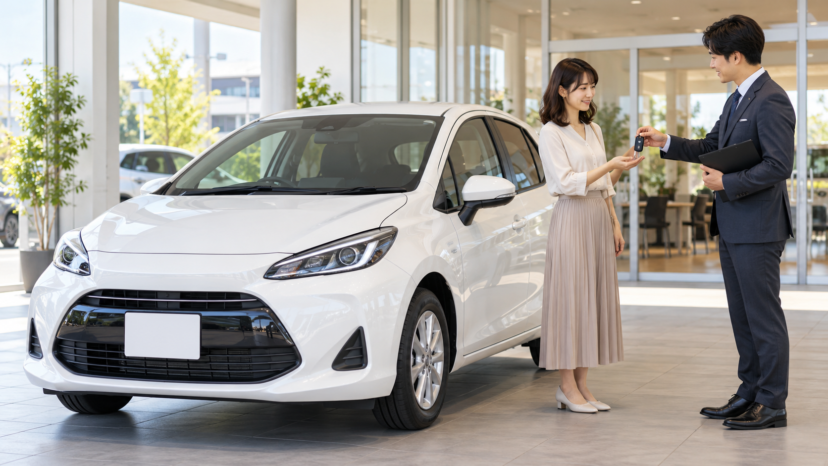 白いコンパクトカーをディーラーで受け取る場面