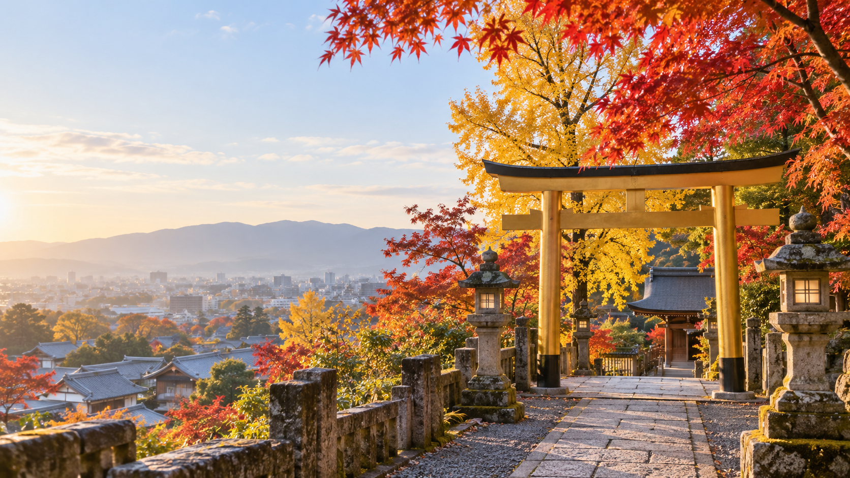 秋の木々に囲まれた神社の参道をイメージした風景