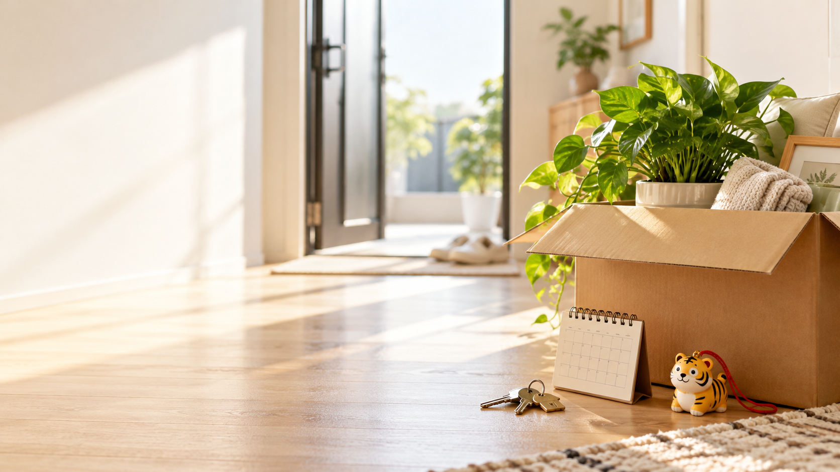 新居へ運ぶ段ボールと鍵、寅の置物を写した引っ越しのイメージ